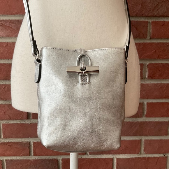 NEW Longchamp Roseau XS Crossbody Silver Leather Bucket Bag NWT - Picture 11 of 16